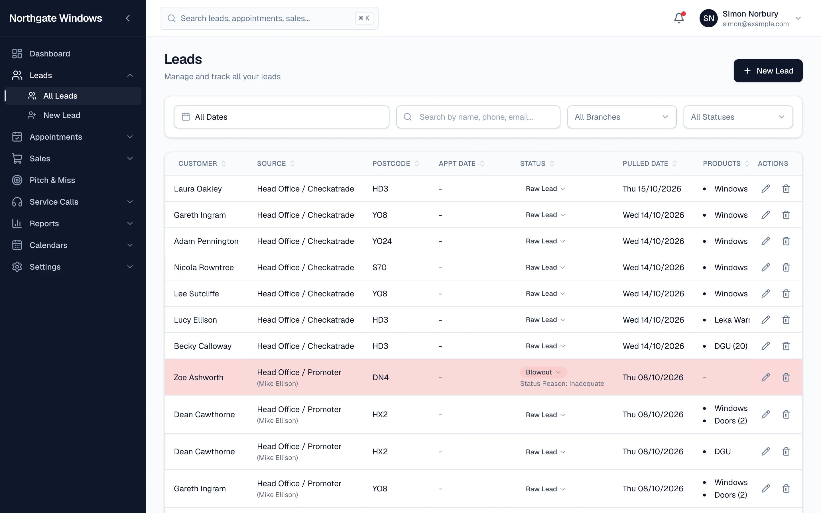 The leads list with customer, source, area, status, pulled date and products