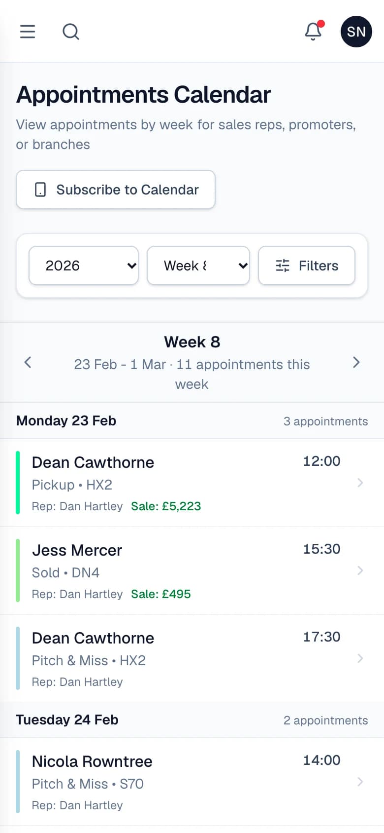 A week of appointments on a phone
