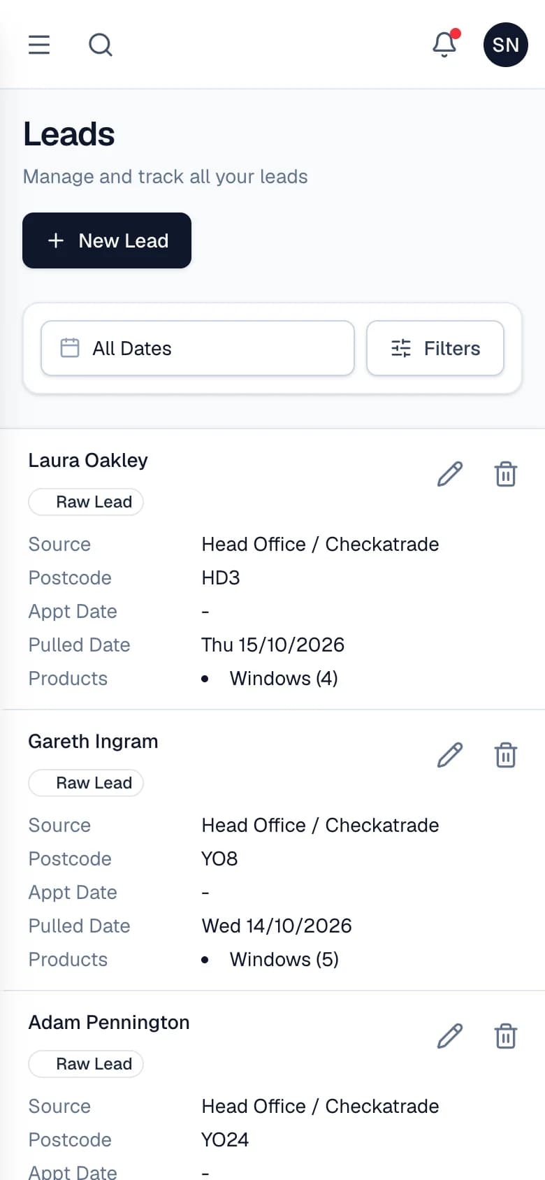 The leads list on a phone