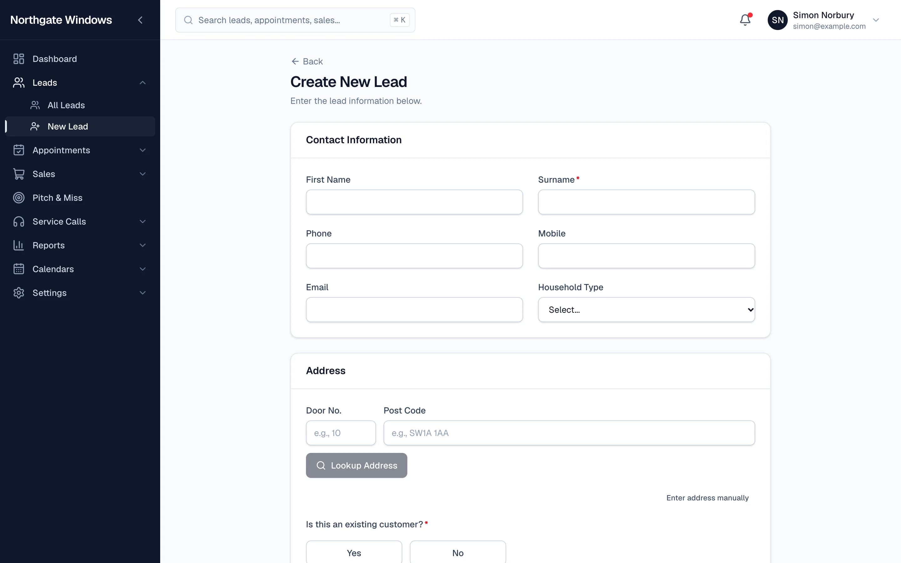 The new lead form with contact details, address lookup and existing customer check