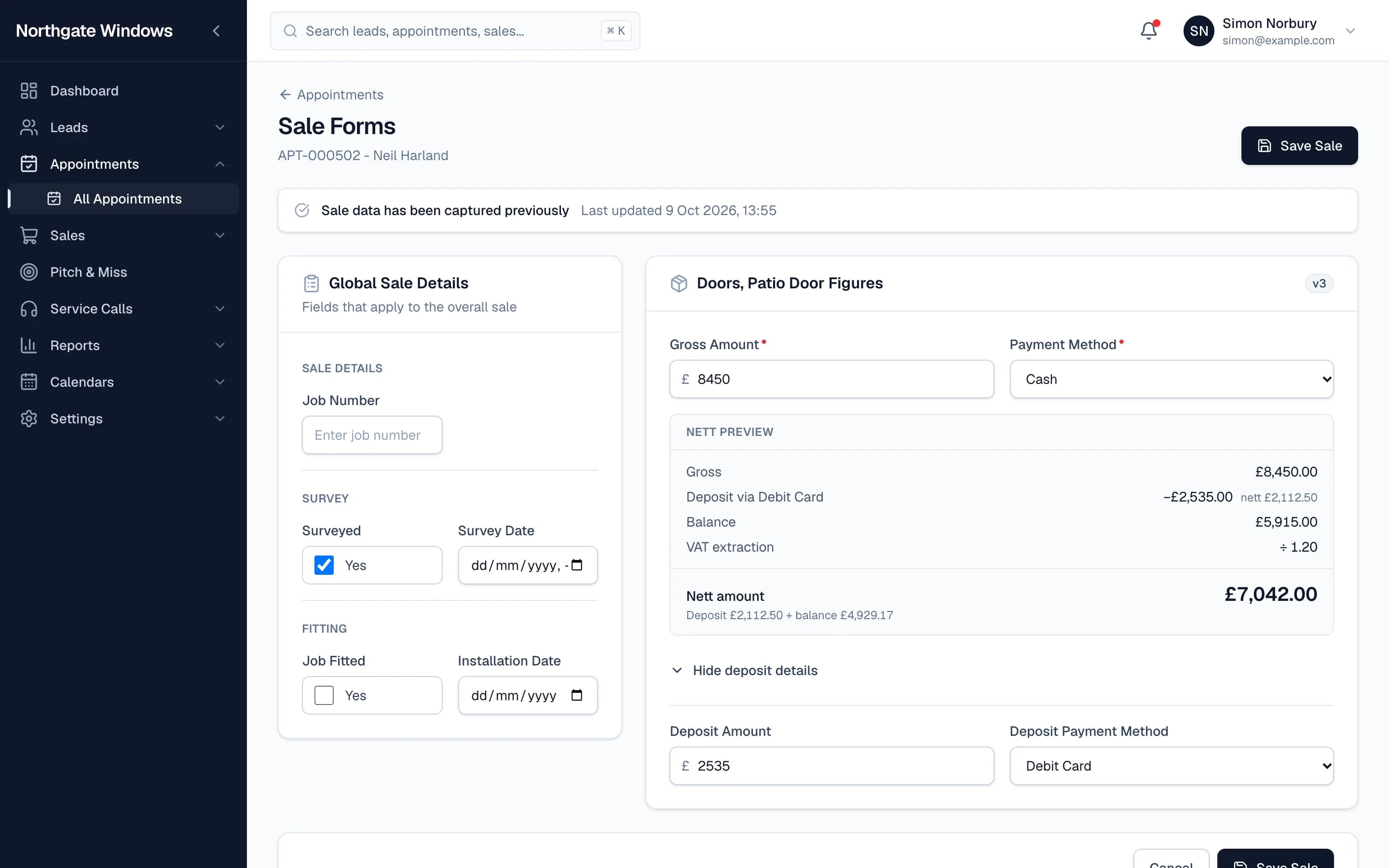 The sale capture form with gross, deposit and a live nett preview
