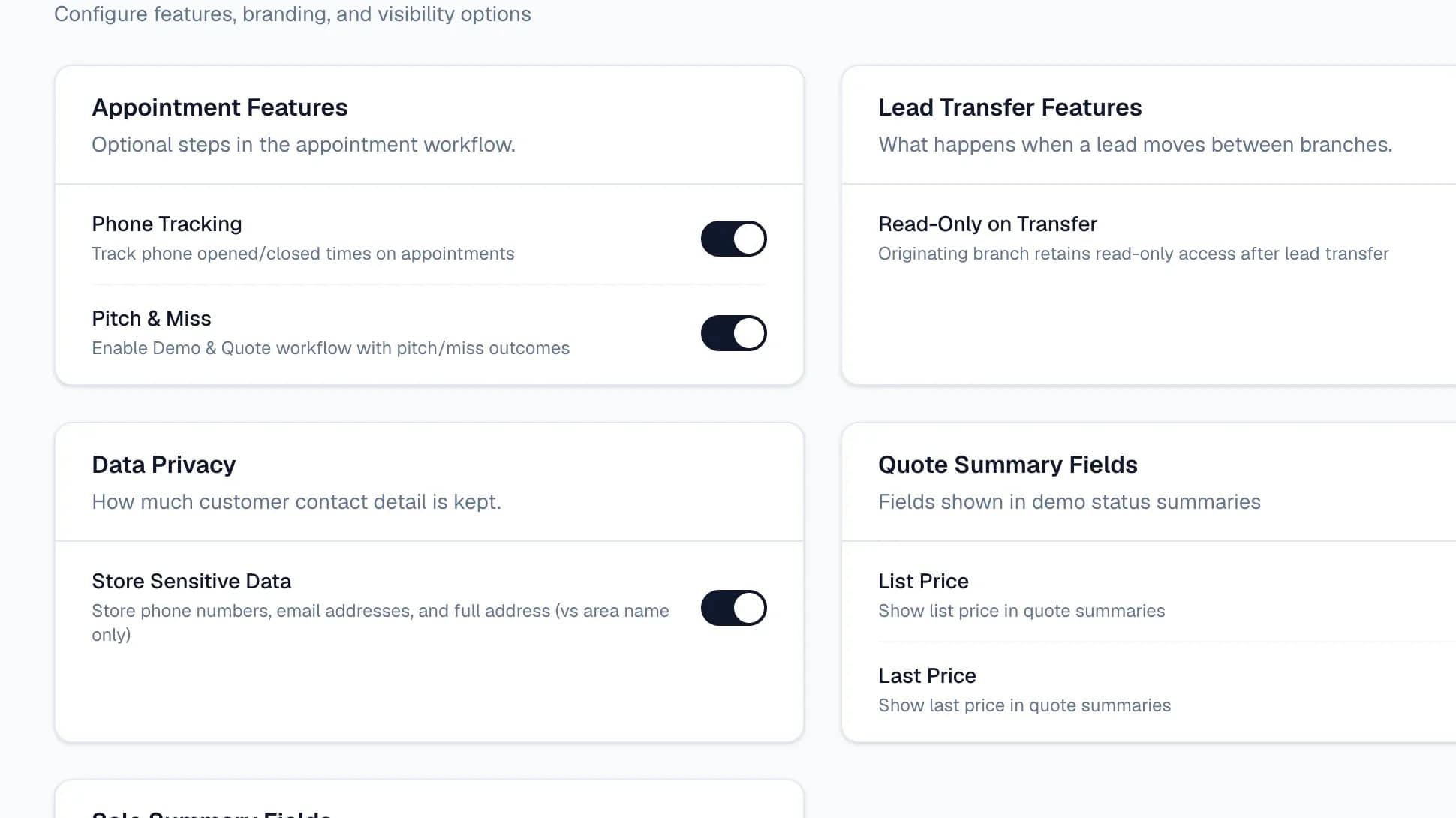 Feature switches such as phone tracking, pitch and miss and sensitive data storage